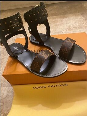 Louis Vuitton Brown Monogram and Black Studded Ankle-Strap Sandals